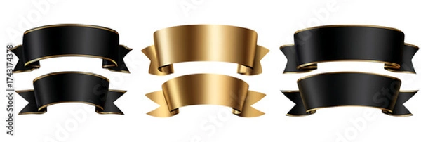 Fototapeta Set of three elegant black and gold ribbon banners isolated on white background