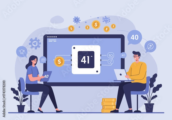 Fototapeta Digital Transformation Two People Working on a Large Screen with Number 41.