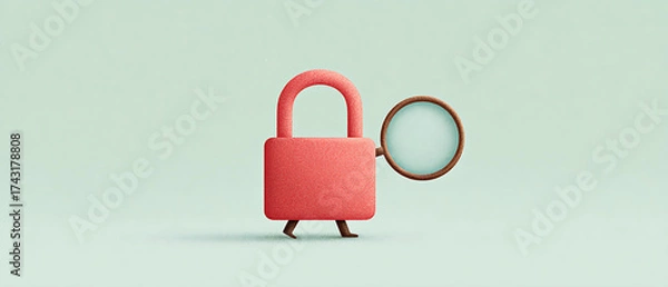 Fototapeta Cute Cartoon Character Representing Security Holding a Magnifying Glass in a Minimalistic Setting