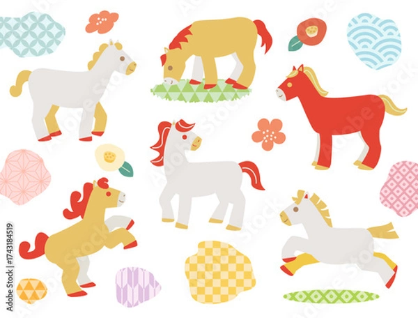 Obraz 午年の年賀状などに使える馬と花と和柄を組み合わせたイラスト