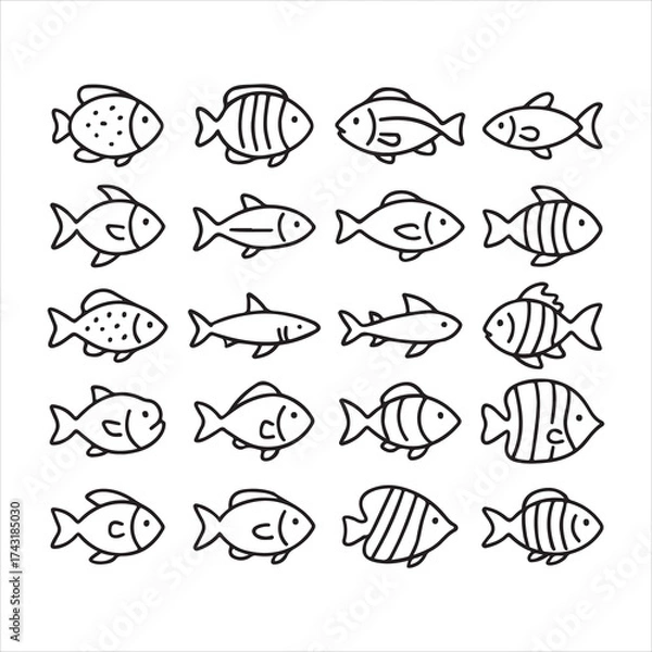 Obraz Vector outline fish icons. vector illustration on white background