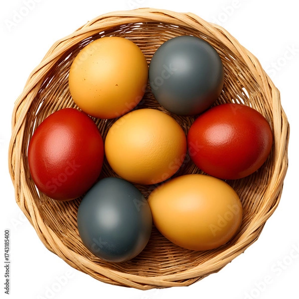 Fototapeta Colorful easter eggs in woven basket on transparent background