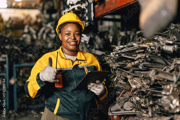 Fototapeta Happy Black African women engineer worker enjoy working in old used machine part stock warehouse.