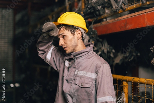 Fototapeta Tired fatigue exhausted engineer, sick worker, hard working sweat hot bad airflow workplace.