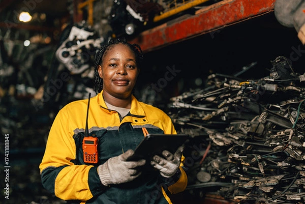Fototapeta Happy Black African women engineer worker enjoy working in old used machine part stock warehouse.