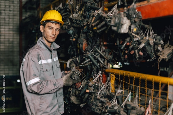 Fototapeta Engineer technician male worker work in old used machine part stock warehouse.