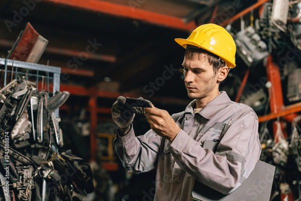 Fototapeta Engineer technician male worker work in old used machine part stock warehouse.