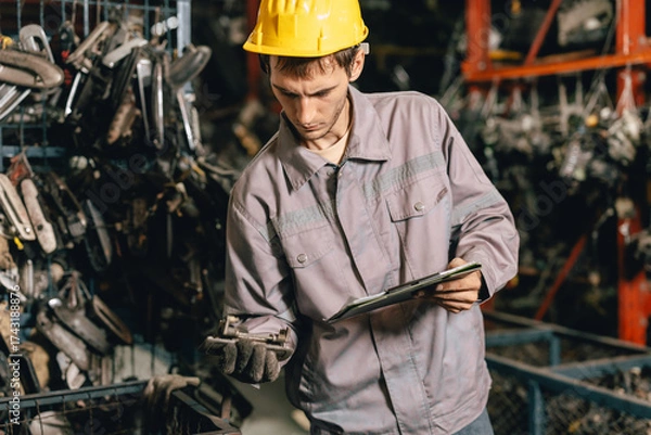 Fototapeta Engineer technician male worker work in old used machine part stock warehouse.