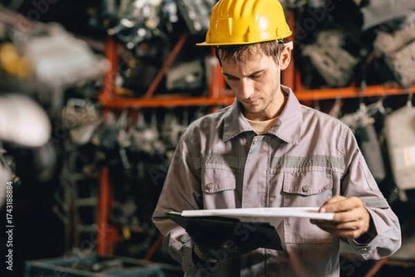 Fototapeta Engineer technician male worker work in old used machine part stock warehouse.