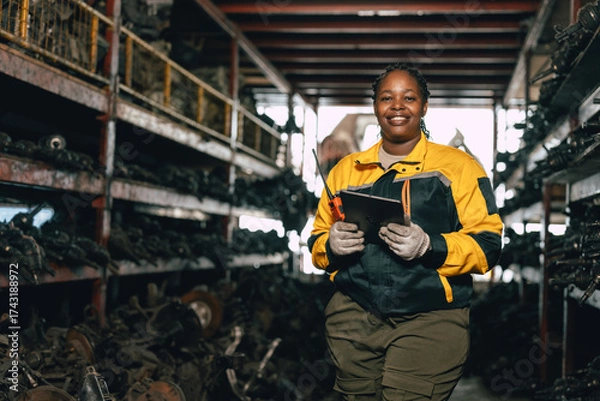 Fototapeta Happy Black African women engineer worker enjoy working in old used machine part stock warehouse.