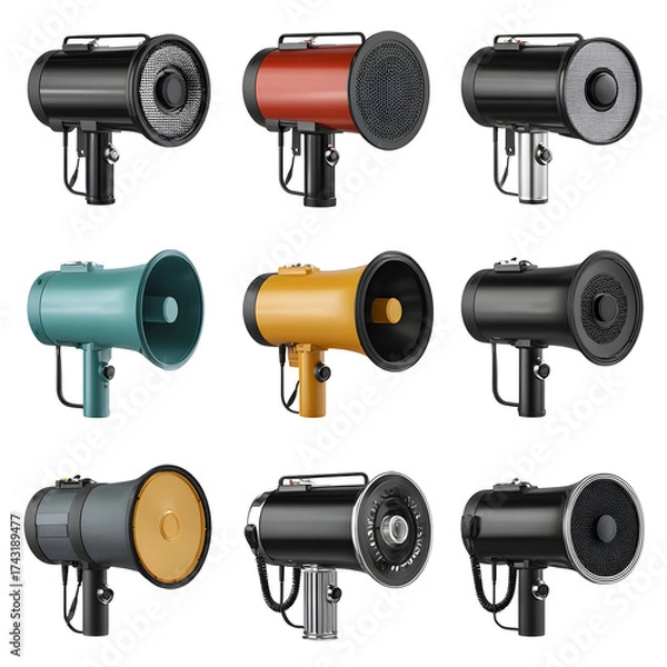 Fototapeta Collection of colorful megaphones on transparent background communication devices various designs