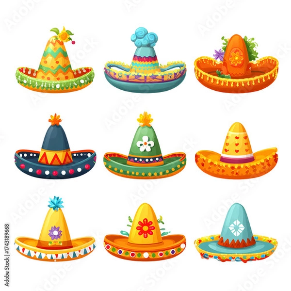 Fototapeta Colorful sombrero collection vector illustration on transparent background