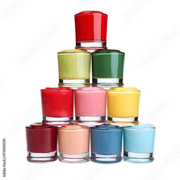 Fototapeta Colorful glass containers arranged in pyramid formation against a transparent background