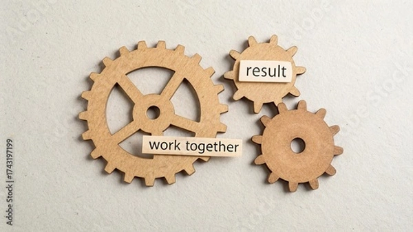 Fototapeta Three cardboard gears representing work and collaboration for a result