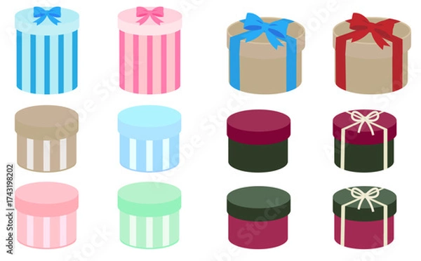 Obraz いろいろな色の円形ギフトボックスのイラストセット