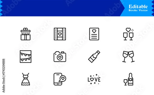 Fototapeta Wedding and Love line icon set featuring editable, pixel-perfect icons. Includes professional, minimal, and modern designs capturing romance and celebration themes.