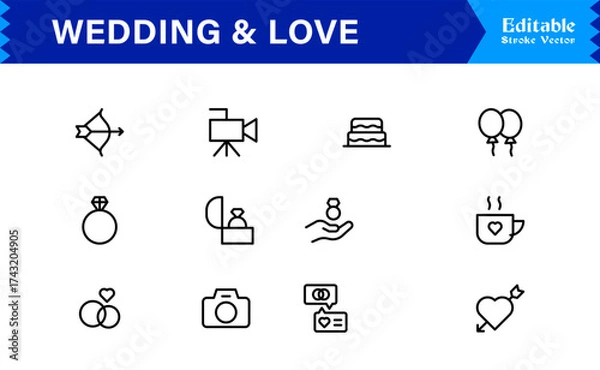 Fototapeta Wedding and Love line icon set featuring editable, pixel-perfect icons. Includes professional, minimal, and modern designs capturing romance and celebration themes.