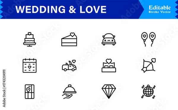 Fototapeta Wedding and Love line icon set featuring editable, pixel-perfect icons. Includes professional, minimal, and modern designs capturing romance and celebration themes.