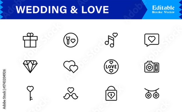 Fototapeta Wedding and Love line icon set featuring editable, pixel-perfect icons. Includes professional, minimal, and modern designs capturing romance and celebration themes.
