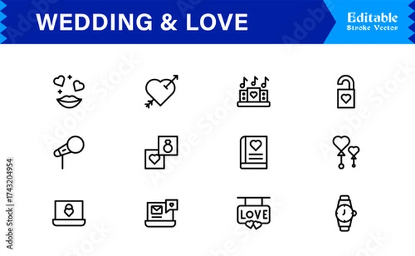 Fototapeta Wedding and Love line icon set featuring editable, pixel-perfect icons. Includes professional, minimal, and modern designs capturing romance and celebration themes.