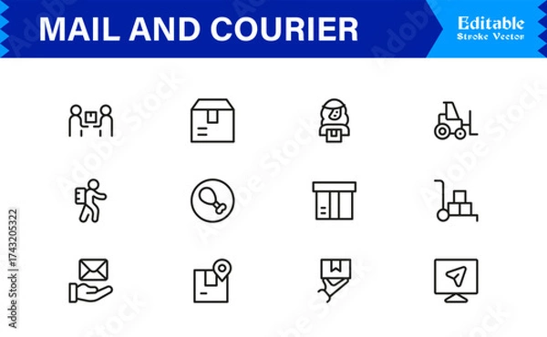 Fototapeta Mail and courier essentials unique line icon collection showcasing clean, pixel-perfect, and scalable line icons tailored for modern postal and logistics concepts.