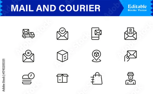 Fototapeta Mail and courier essentials unique line icon collection showcasing clean, pixel-perfect, and scalable line icons tailored for modern postal and logistics concepts.