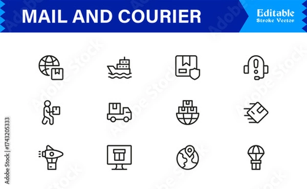 Fototapeta Mail and courier essentials unique line icon collection showcasing clean, pixel-perfect, and scalable line icons tailored for modern postal and logistics concepts.