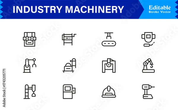 Fototapeta Premium Industry Machinery Line Icon Set Featuring Professional, Modern, And Minimal Editable Line Art For Construction, Manufacturing, And Heavy Equipment