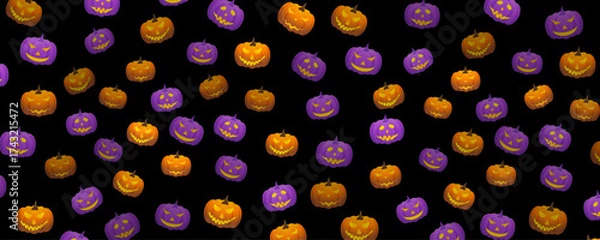 Fototapeta Halloween pattern background with orange and violet jack o lantern pumpkins. Vector banner design
