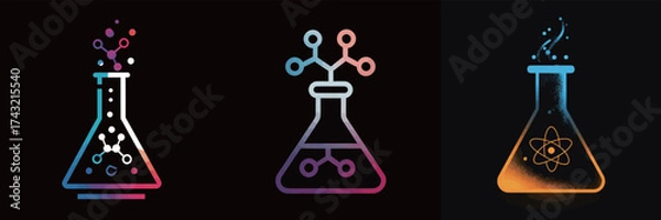 Fototapeta Three distinct lab equipment designs showcase colorful beakers and molecular structures, symbolizing science, research, and discovery in a vibrant way.