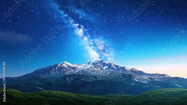 Fototapeta A breathtaking view of rugged mountain peaks illuminated by a vibrant starry sky, showcasing the Milky Way cascading across the night. The serene landscape contrasts with the vastness of the