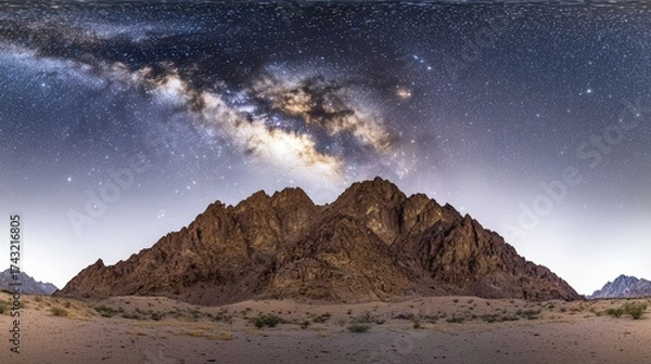 Fototapeta An awe-inspiring panorama of a dramatic mountain range set against a clear night sky filled with twinkling stars and the luminous streak of the Milky Way. The rugged terrain is sharply defined,