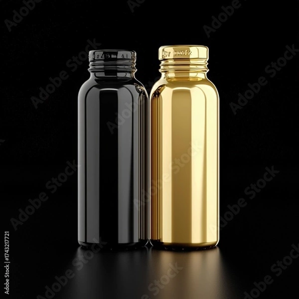Fototapeta A 3D model of a metallic water bottle on a black background,