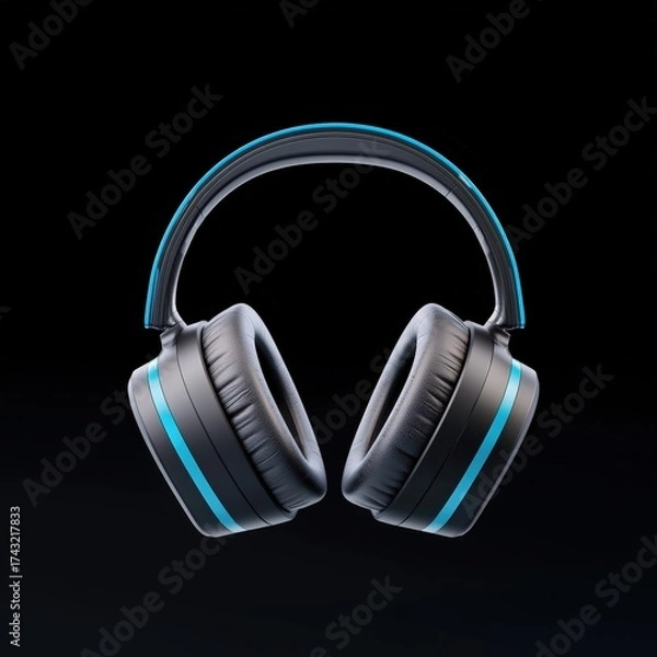 Fototapeta A 3D model of a futuristic pair of headphones on a black background,