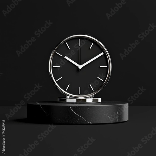 Fototapeta A 3D model of a minimalist desk clock on a black background,