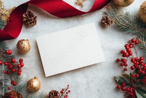Fototapeta A festive arrangement featuring a blank card surrounded by red ribbons, pine branches, berries, and golden ornaments, perfect for holiday greetings.