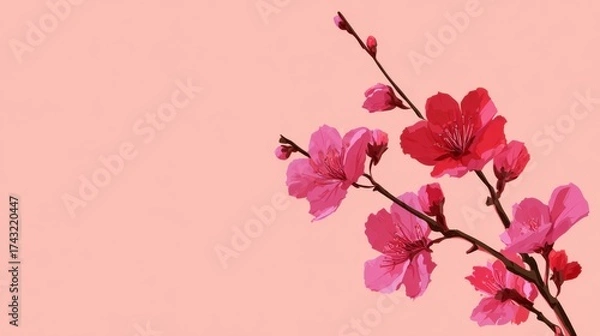 Fototapeta A vibrant illustration of pink cherry blossoms against a soft pink background, capturing the beauty of spring and nature's delicate charm.