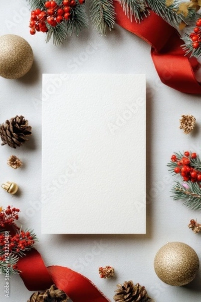 Fototapeta A festive arrangement featuring pinecones, red berries, and golden ornaments surrounding a blank white card on a textured surface.