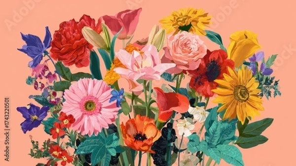 Fototapeta A vibrant bouquet of various flowers in bright colors set against a soft pink background, showcasing nature's beauty and diversity.