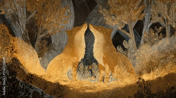 Fototapeta Two stylized foxes face each other in a whimsical forest setting, surrounded by intricate foliage and a warm, golden color palette.