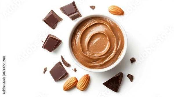 Fototapeta A delicious arrangement of creamy nut butter, chocolate pieces, and almonds, perfect for satisfying sweet cravings and enhancing culinary creations.