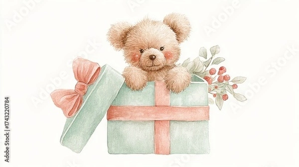 Fototapeta A cute bear peeks out of a wrapped gift box adorned with a bow and flowers, capturing a joyful, whimsical essence.
