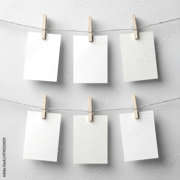 Fototapeta A simple arrangement of blank white papers hanging on a string, secured with wooden clothespins against a minimalistic background.