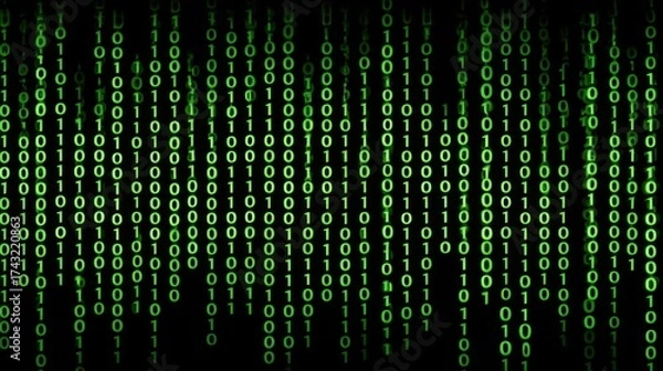Fototapeta A digital representation of cascading green binary code on a black background, evoking themes of technology and data.