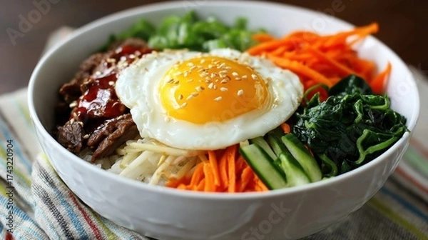 Fototapeta A colorful bowl of bibimbap featuring rice, assorted vegetables, a fried egg, and beef, garnished with sesame seeds.