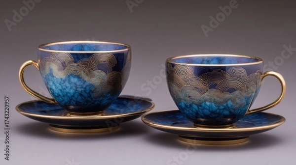 Fototapeta Elegant blue porcelain teacups with intricate gold detailing, resting on matching saucers, showcasing fine craftsmanship and artistic design.