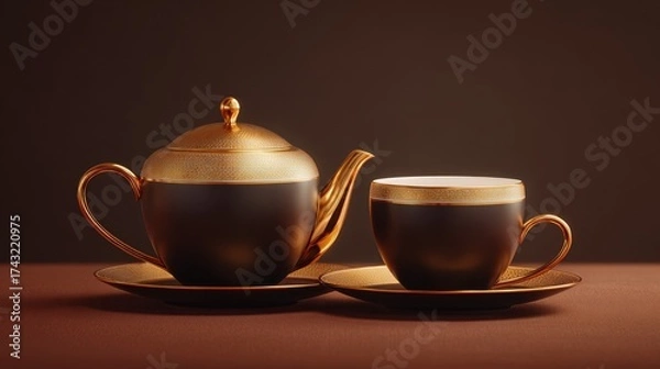 Fototapeta Elegant teapot and cup set featuring intricate gold detailing on a dark background, perfect for a sophisticated tea experience.