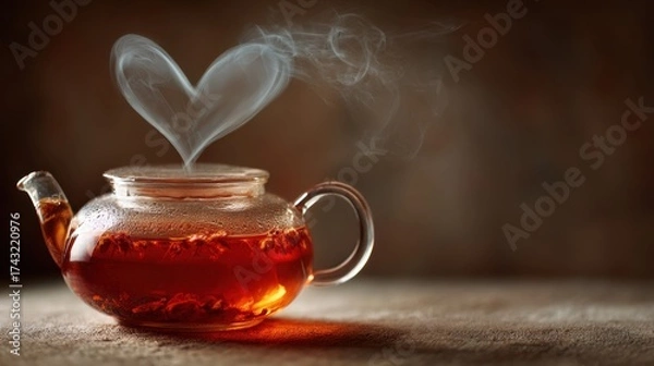 Fototapeta A glass teapot with steaming tea forms a heart shape in the air, creating a warm and inviting atmosphere.