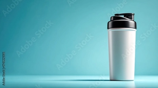 Fototapeta A minimalist shaker cup stands against a vibrant teal background, emphasizing sleek design and fitness.