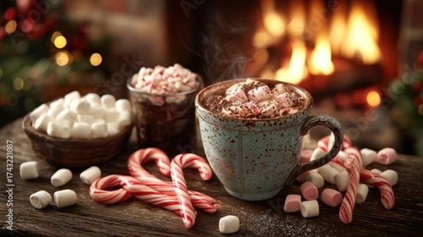 Fototapeta A cozy scene featuring a mug of hot chocolate topped with marshmallows, surrounded by candy canes and bowls of marshmallows, set against a warm fireplace backdrop.